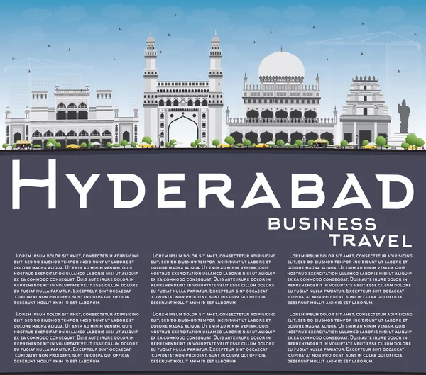 Hyderabad Skyline se šedými Landznačkami, modrým nebem a místem kopírování. — Stockový vektor