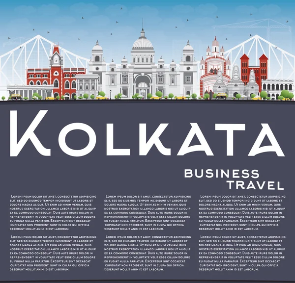 Kolkata Skyline with Gray Landmarks and Copy Space. — Stock Vector