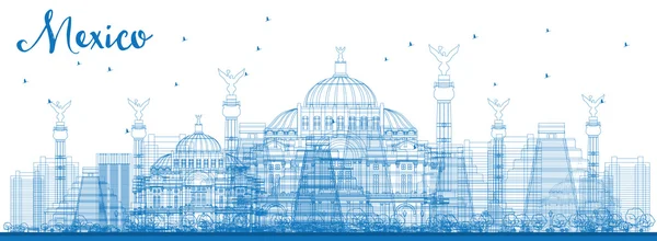 Outline Mexico skyline with blue landmarks. — ストックベクタ