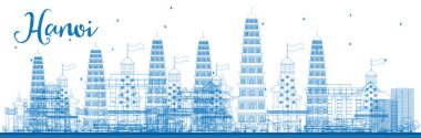 Mavi Simgesel Yapılar ile Anahat Hanoi silueti. 