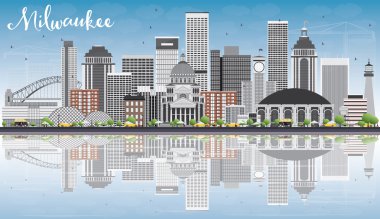 Milwaukee Skyline with Gray Buildings, Blue Sky and Reflections. clipart
