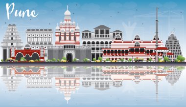 Pune Skyline with Color Buildings, Blue Sky and Reflections. clipart