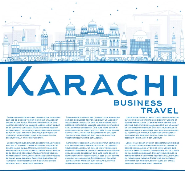 Esquema de Karachi Skyline con hitos azules y espacio de copia . — Vector de stock