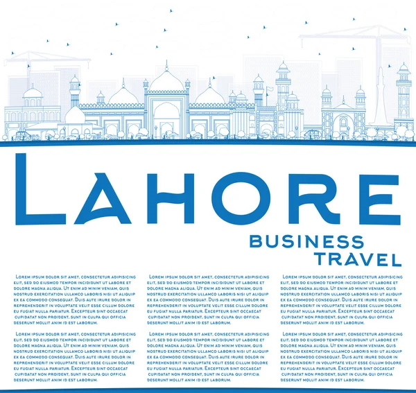 Schets de skyline van Lahore met blauwe bezienswaardigheden en kopieer ruimte. — Stockvector