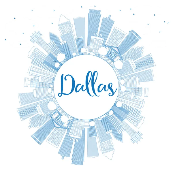 Schets de skyline van Dallas met blauwe gebouwen en kopieer ruimte. — Stockvector