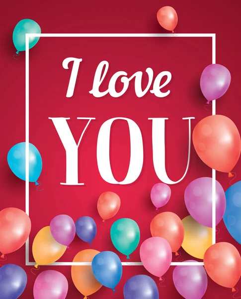 I love you card with flying balloons and white frame. — Stock Vector