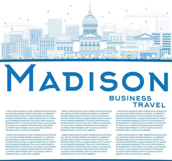 Outline Madison skyline med blå byggnader och kopiera utrymme. — Stock vektor