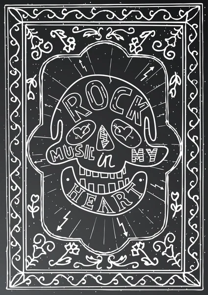 Música rock en mi corazón. Diseño de letras dibujadas a mano con cráneo . — Archivo Imágenes Vectoriales