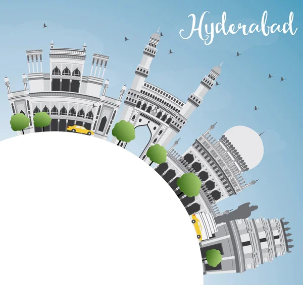 Hyderabad Skyline con puntos de referencia grises, cielo azul y espacio de copia . — Vector de stock