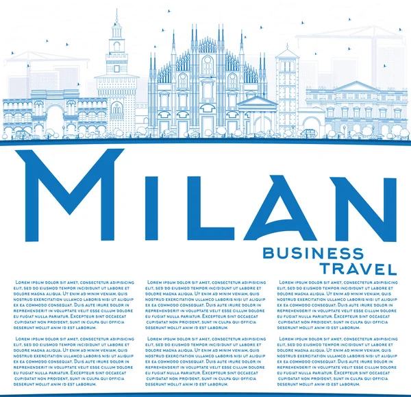 Esquema de Milan Skyline con hitos azules y espacio de copia . — Archivo Imágenes Vectoriales