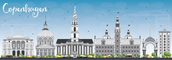 Skyline de Copenhague con puntos de referencia grises y cielo azul . — Vector de stock