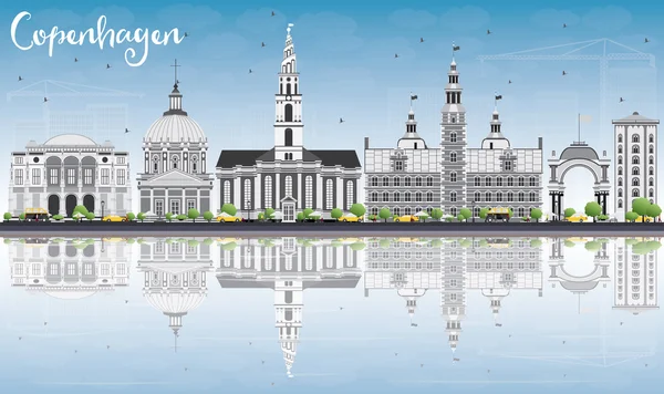 Copenhague Skyline con puntos de referencia grises, cielo azul y reflexiones — Archivo Imágenes Vectoriales