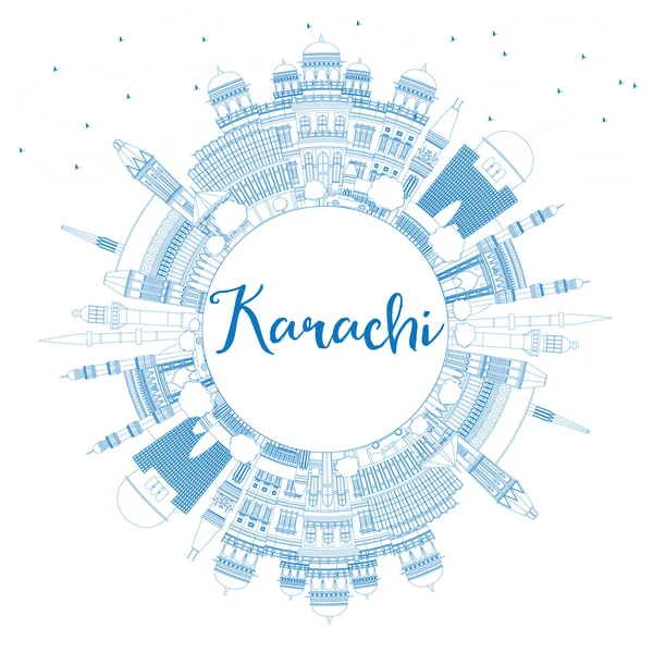 Décrivez Karachi Skyline avec des points de repère bleus et de l'espace de copie . — Image vectorielle