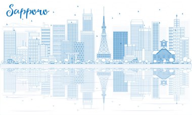 Mavi Binalar ve Yansımalar ile Anahat Sapporo Skyline. 