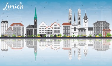 Zurich Skyline with Gray Buildings, Blue Sky and Reflections.