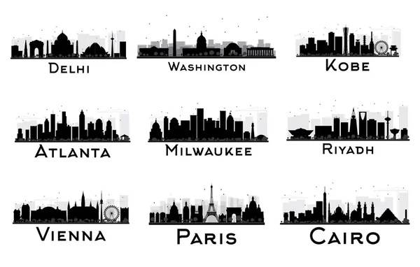 Conjunto de City Skyline silueta en blanco y negro . — Archivo Imágenes Vectoriales