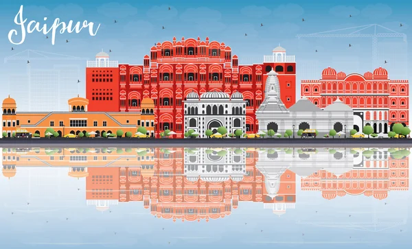 Jaipur Skyline con puntos de referencia de color, cielo azul y reflexiones . — Archivo Imágenes Vectoriales