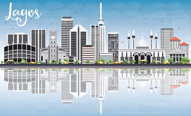 Lagos Skyline with Gray Buildings, Blue Sky and Reflections. clipart