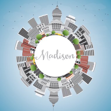 Madison Skyline Gri Binalar, Mavi Gökyüzü ve Copy Space ile. 