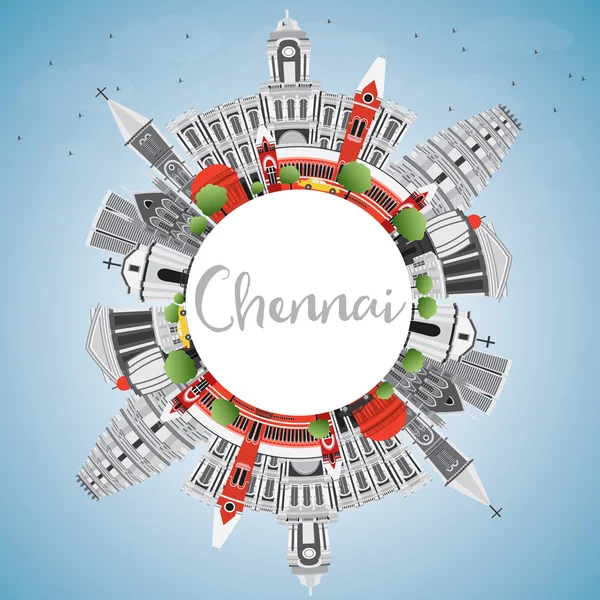 Chennai Skyline mit grauen Sehenswürdigkeiten, blauem Himmel und Kopierraum. — Stockvektor