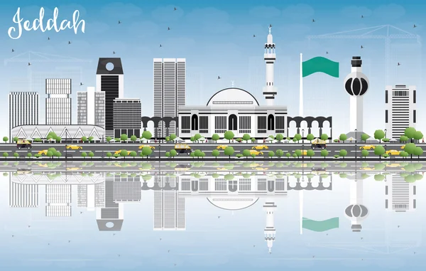 Gri Binalar, Mavi Gökyüzü ve Yansımaları ile Cidde Skyline.