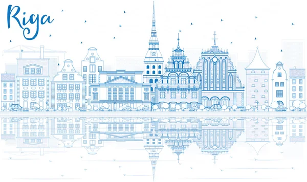 Esquema de Riga Skyline con hitos azules y reflexiones . — Vector de stock