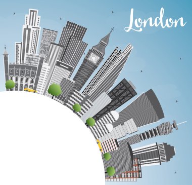 Londra manzarası gri binalar, mavi gökyüzü ve kopya alanı. 