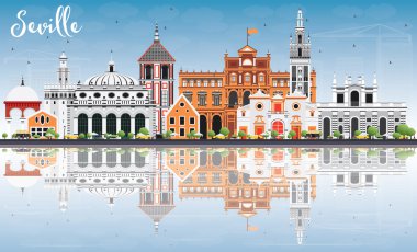 Seville manzarası renkli binalar, mavi gökyüzü ve yansıma ile.