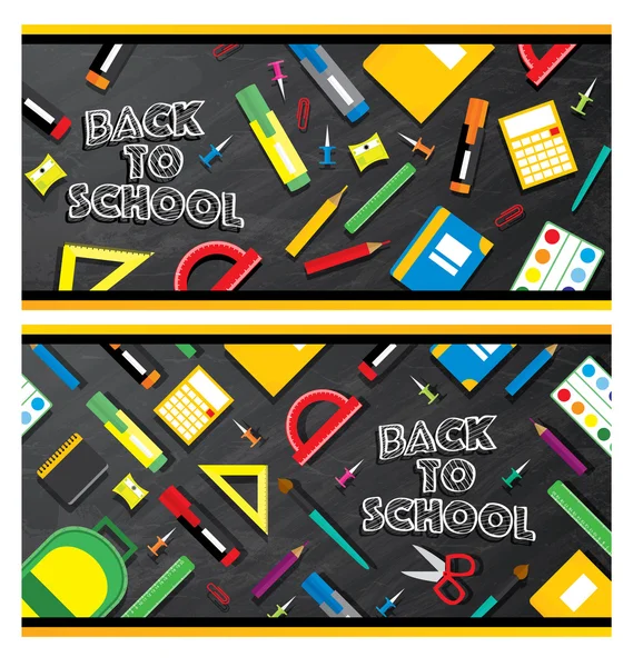 Set van terug naar school banners. School benodigdheden op Blackboard BAC — Stockvector