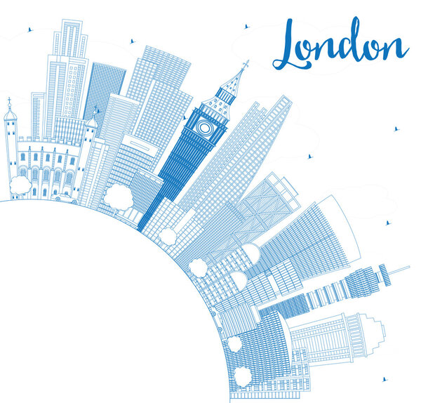 Outline London Skyline with Blue Buildings and Copy Space. 