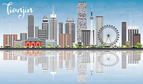 Tianjin manzarası ile gri binalar, mavi gökyüzü ve yansımaları. 