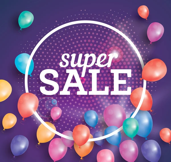 Cartel Super Sale sobre fondo rosa con globos voladores . — Vector de stock