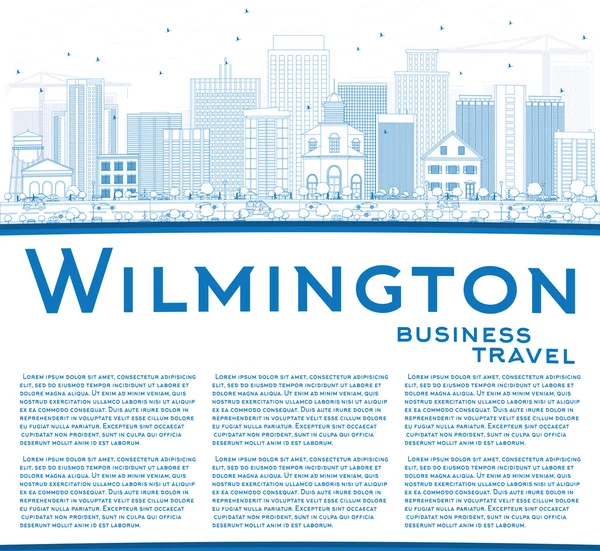 Esquema Wilmington Skyline con edificios azules y espacio de copia . — Vector de stock