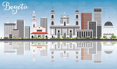 Gri Binalar, Mavi Gökyüzü ve Yansımaları ile Bogota Skyline. 