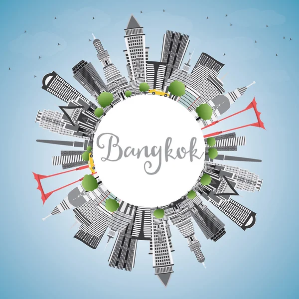 Bangkok Skyline avec des points de repère gris, ciel bleu et espace de copie . — Image vectorielle