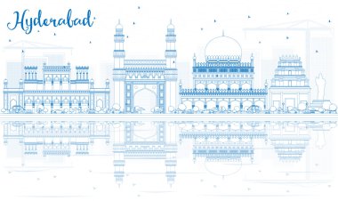 Outline Hyderabad Skyline with Blue Landmarks and Reflections.  clipart