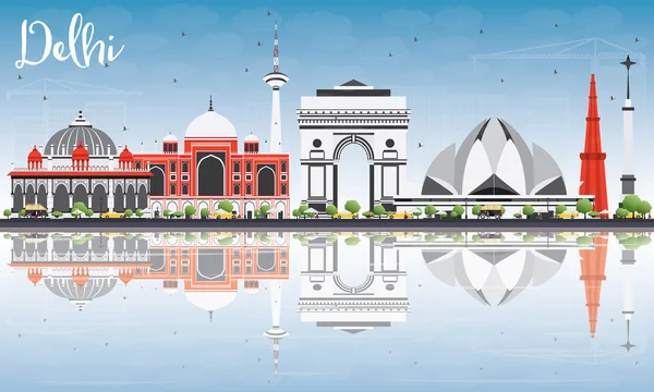 Delhi Skyline con edificios grises, cielo azul y reflexiones . — Vector de stock