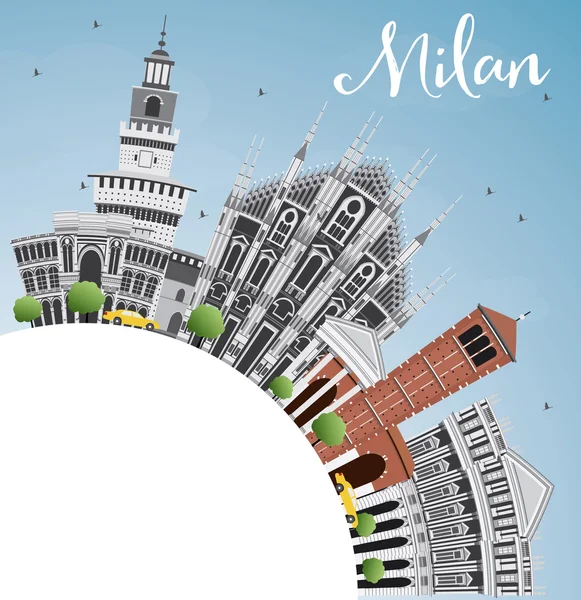 Milano Skyline con puntos de referencia grises, cielo azul y espacio de copia . — Vector de stock