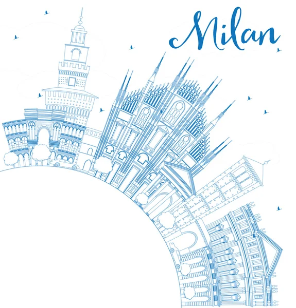 Outline Milan Skyline with Blue Landmarks and Copy Space.