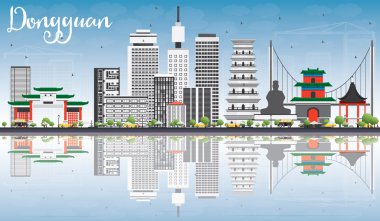 Dongguan Skyline with Gray Buildings, Blue Sky and Reflections.