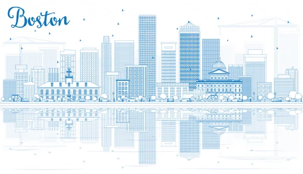 Outline Boston Skyline con Blue Buildings e riflessioni . — Vettoriale Stock