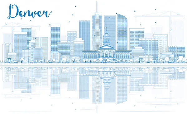 Delinear o horizonte de Denver com edifícios e reflexões azuis . —  Vetores de Stock