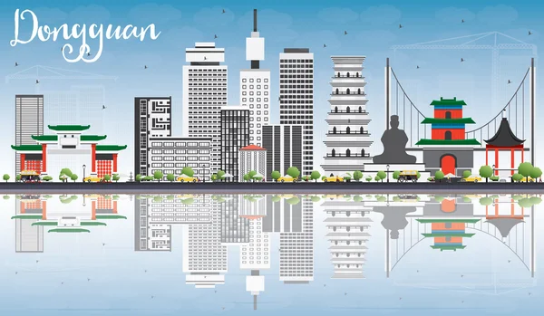 Dongguan Skyline con edificios grises, cielo azul y reflexiones . — Vector de stock