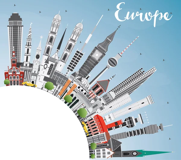 Silhouette Europe skyline avec différents points de repère et copie spac — Image vectorielle