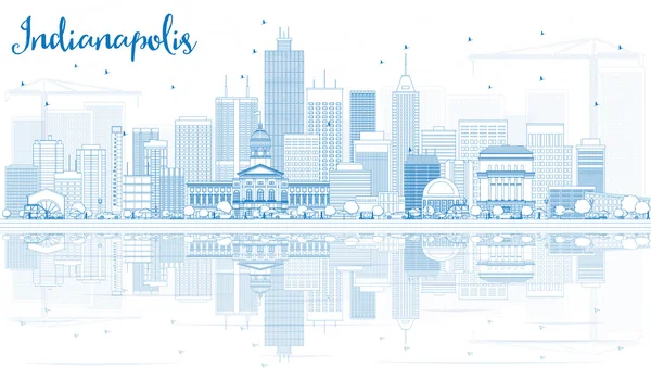 Schets de skyline van Indianapolis met blauwe gebouwen en reflecties — Stockvector