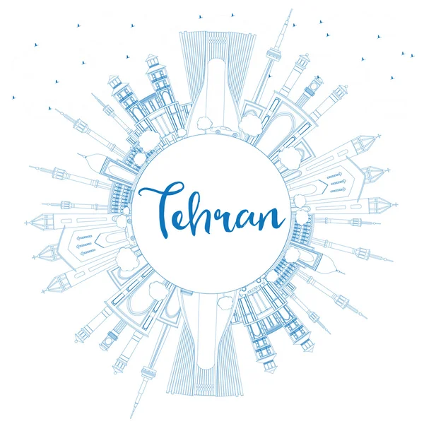 Outline Teheran Skyline con punti di riferimento blu e spazio di copia . — Vettoriale Stock