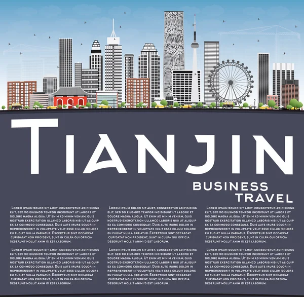 Tianjin Skyline med grå byggnader, blå himmel och kopia utrymme. — Stock vektor