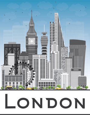 Gri binalar ve mavi gökyüzü ile Londra manzarası.