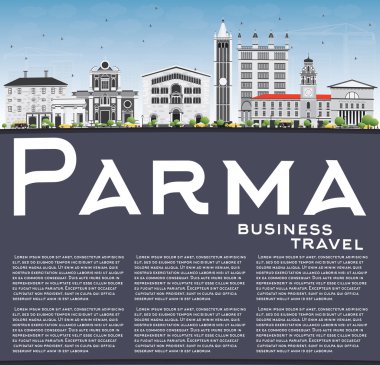 Parma manzarası gri binalar, mavi gökyüzü ve kopya alanı. 