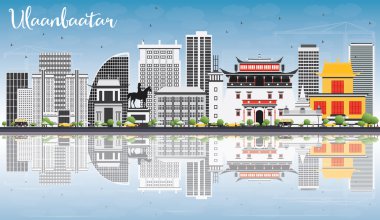 Ulaanbaatar manzarası gri yerler, mavi gökyüzü ve yansıma ile